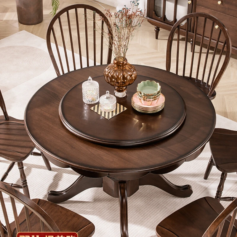 

Round Table Solid Wood Petal Dining Table Round American Restaurant Furniture Walnut Color Log Small Unit