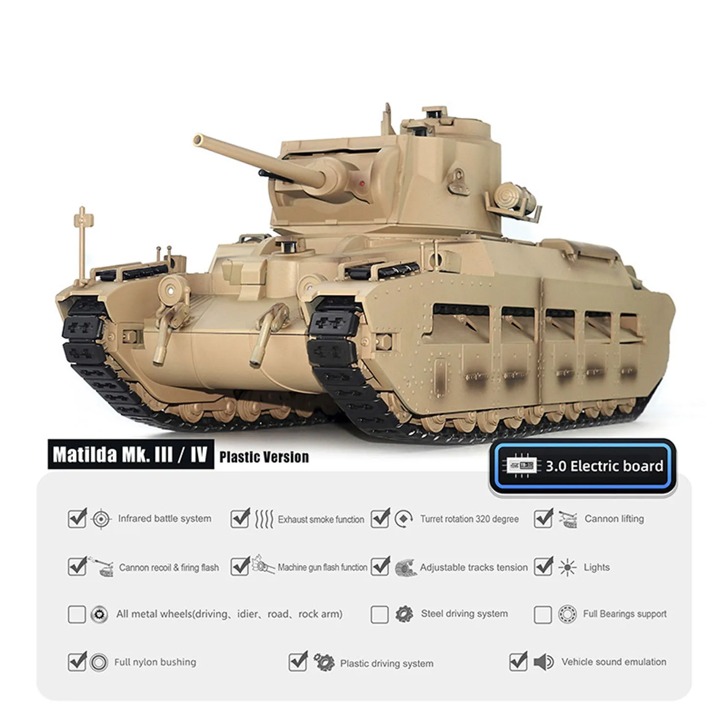 1/16 Tongde دبابة عسكرية للتحكم عن بعد Matilda III IV برج دوران 320 درجة أضواء الأشعة تحت الحمراء الأصوات RC نموذج كهربائي وحدة الدخان