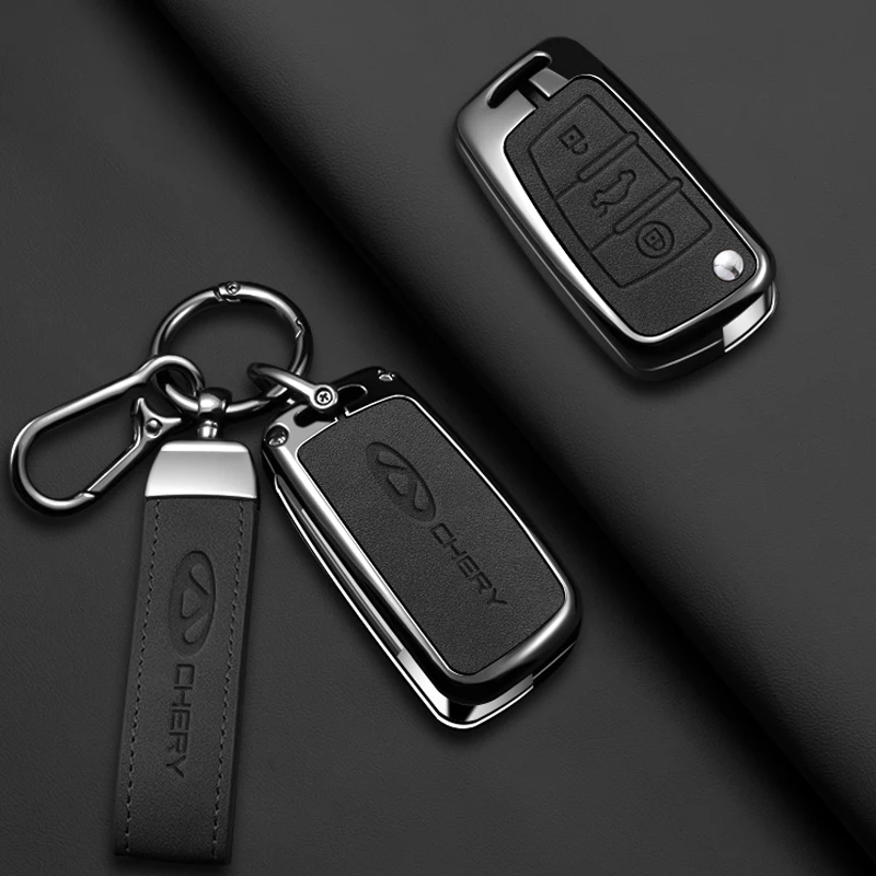 Car Key Case for Chery ARRIZO7 E3 E5 A3 A5 Tiggo 2 3 5 3X Fulwin2 Eastar 3 Buttons Auto Keychain Accessories Zinc Alloy+Leather