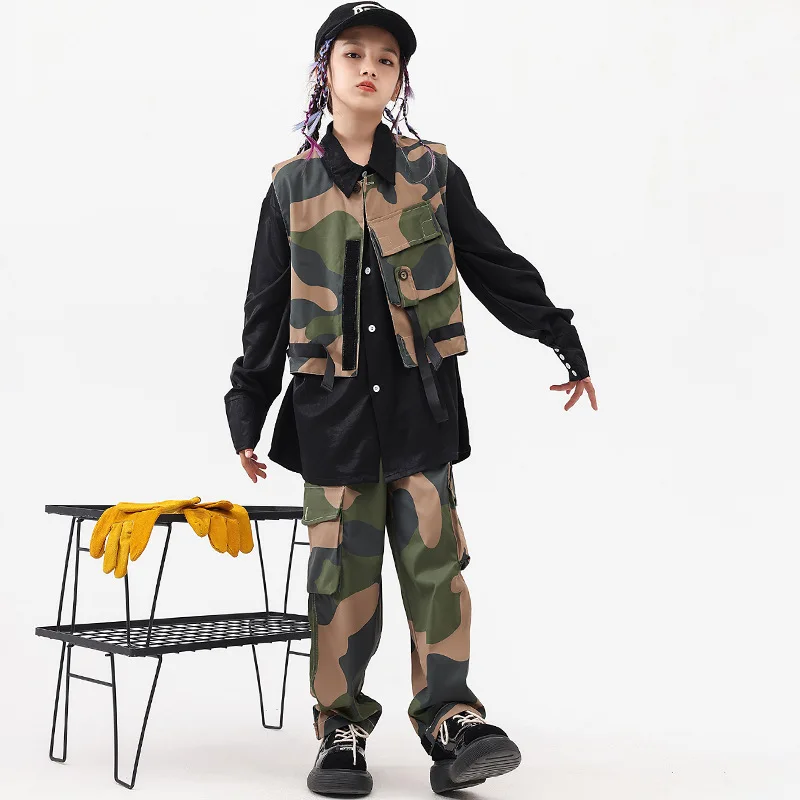 Anak Laki-laki Pakaian Militer Hip Hop Kaus Rompi Kamuflase Anak Perempuan Celana Kargo Streetwear Anak Jalanan Set Pakaian Panggung Tari Jalanan