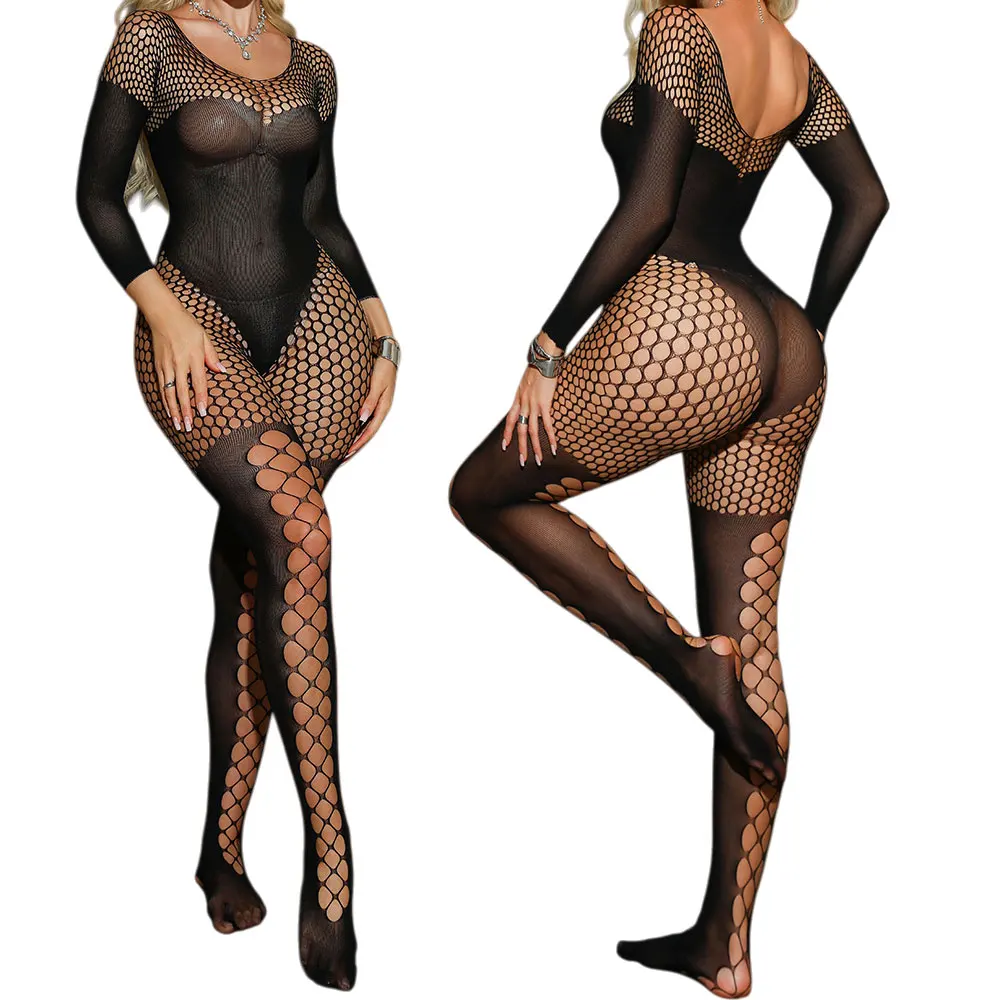 

Sexy Women's Color Long-Sleeve Footed Black Fishnet Bodystocking One-Piece Round-Neck Form-fitting with Larger Geometric Pattern