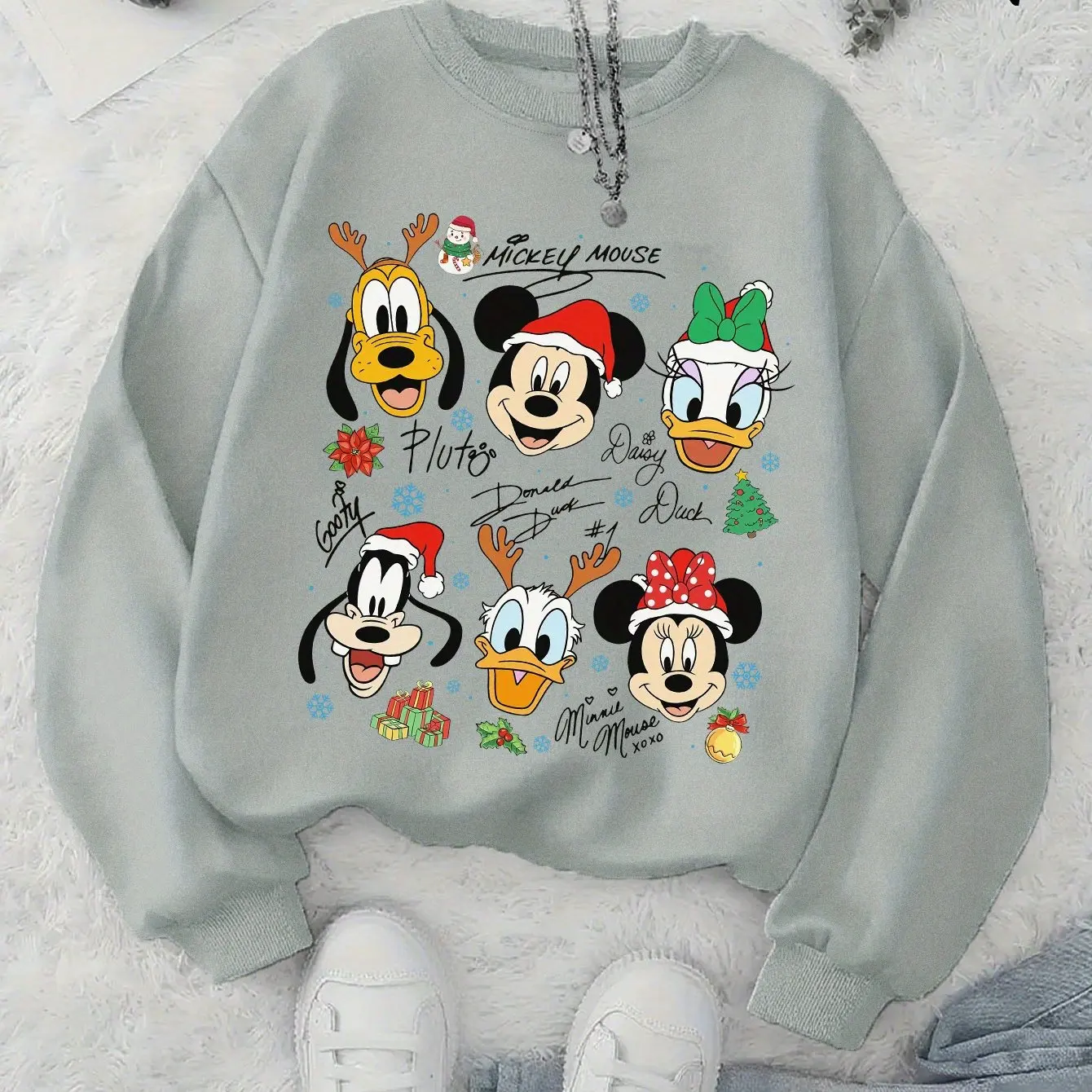 

Women Disney Mickey Mouse Christmas Pullover Sweater Fashion Oversized Unisex Crew Neck Sweater Autumn and Winter Fleece Casual