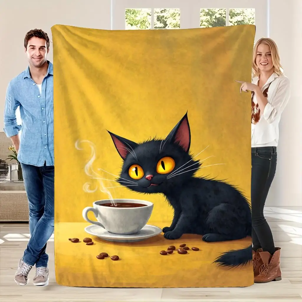 Cute Black Cat Coffee Lover Throw Blanket Cozy Home Decor Seasonal Gift for Cat Owners