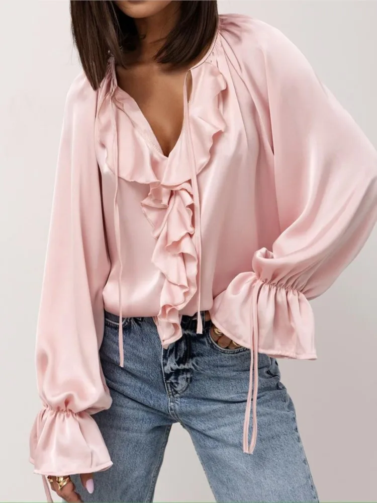 여성 패션 화이트 셔츠 우아한 사무실 긴 소매 V 넥 프릴 풀오버 루즈 셔츠 탑 여성 봄 여성 의류