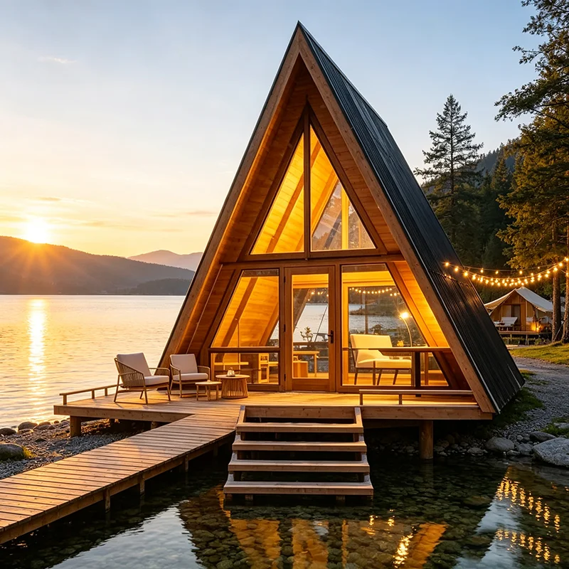 Prefab A Frame Chalet Triangle Wooden Tiny House Modular Insulated Cabin For Holiday Glamping Site