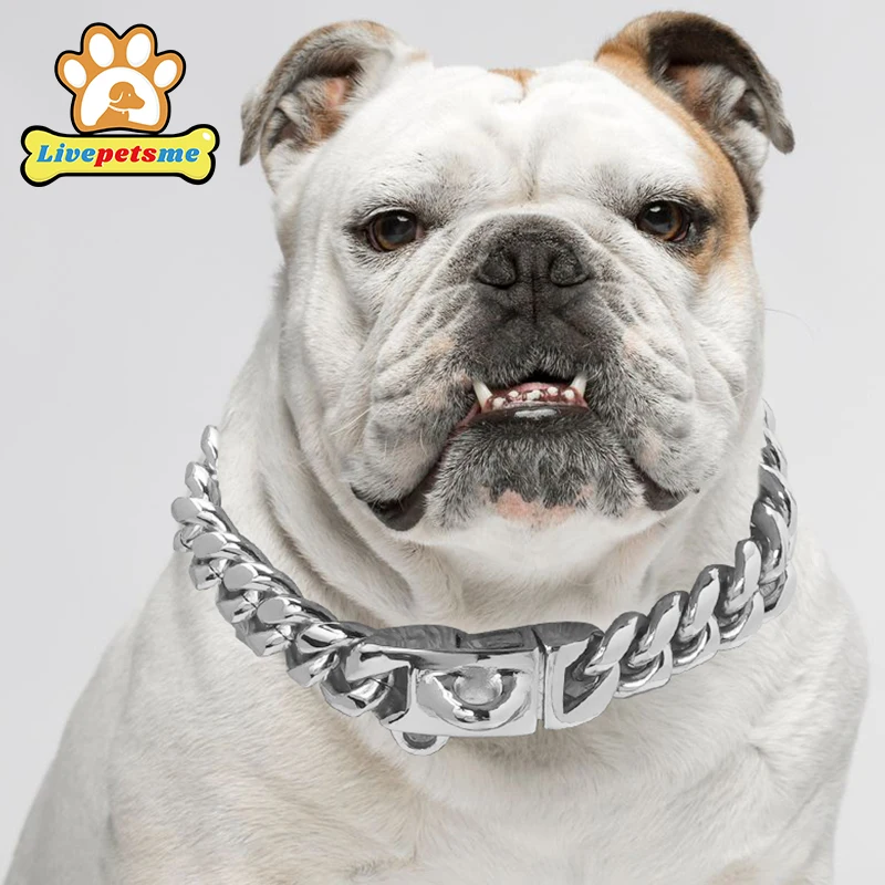 Silver Metal Dog Collar with Solid Buckle, Stainless Steel Pets Link Chain, Golden Necklace for Small Medium and Large Dogs Usag