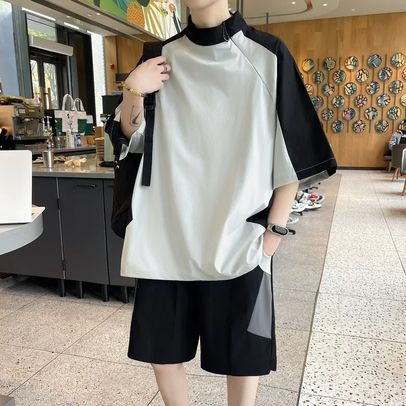 Contrast Color Short-sleeved Pullover Casual Sports Suit Summer Sports Korean Style Handsome T-shirt Elastic Shorts Suit