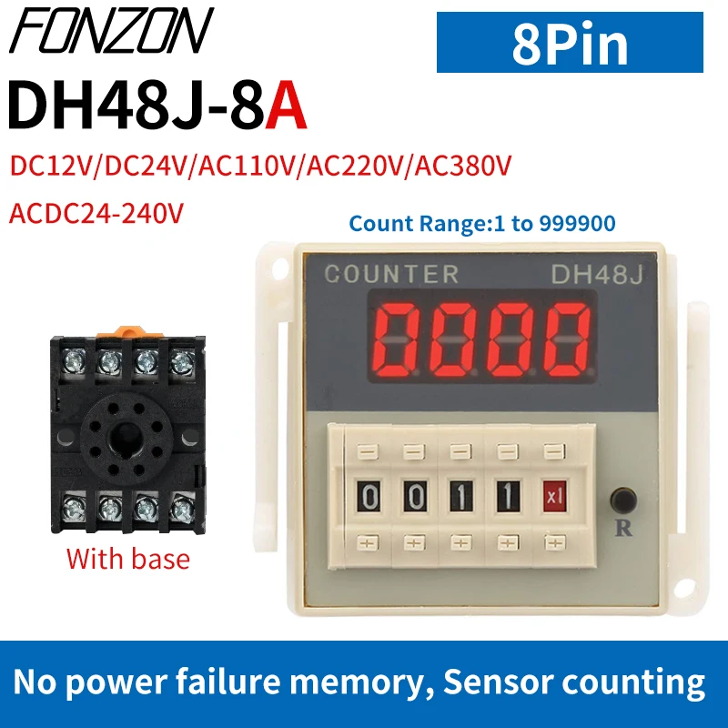 DH48J-8A Przekaźnik licznika DC12 24V AC 110220 V Elektroniczny, wstępnie ustawiony przekaźnik z wyświetlaczem cyfrowym 8-pinowy czujnik NPN Liczba acykliczna z podstawą