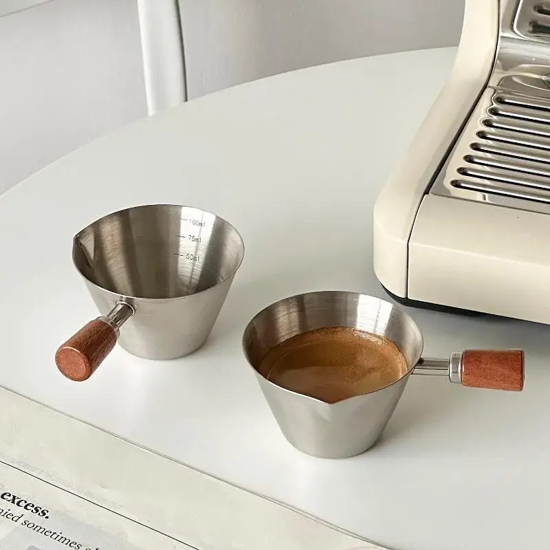 Stainless Steel Espresso Shot Glass with Walnut Handle Graduated Coffee Measuring Cup 2 Oz Liquid Volume Markings Barista Tool