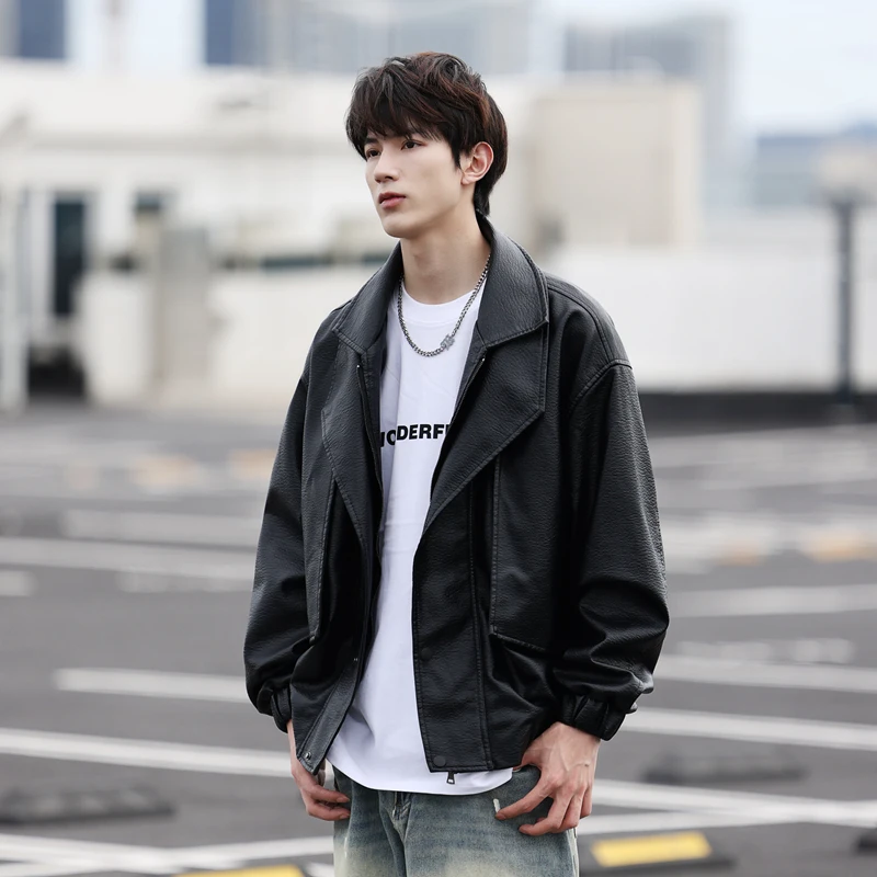 

Casual Sli Men's Leather Jaet Biker Sle Spring Autumn Five Sve Length Regular Fit Faionable Outerwear Coat