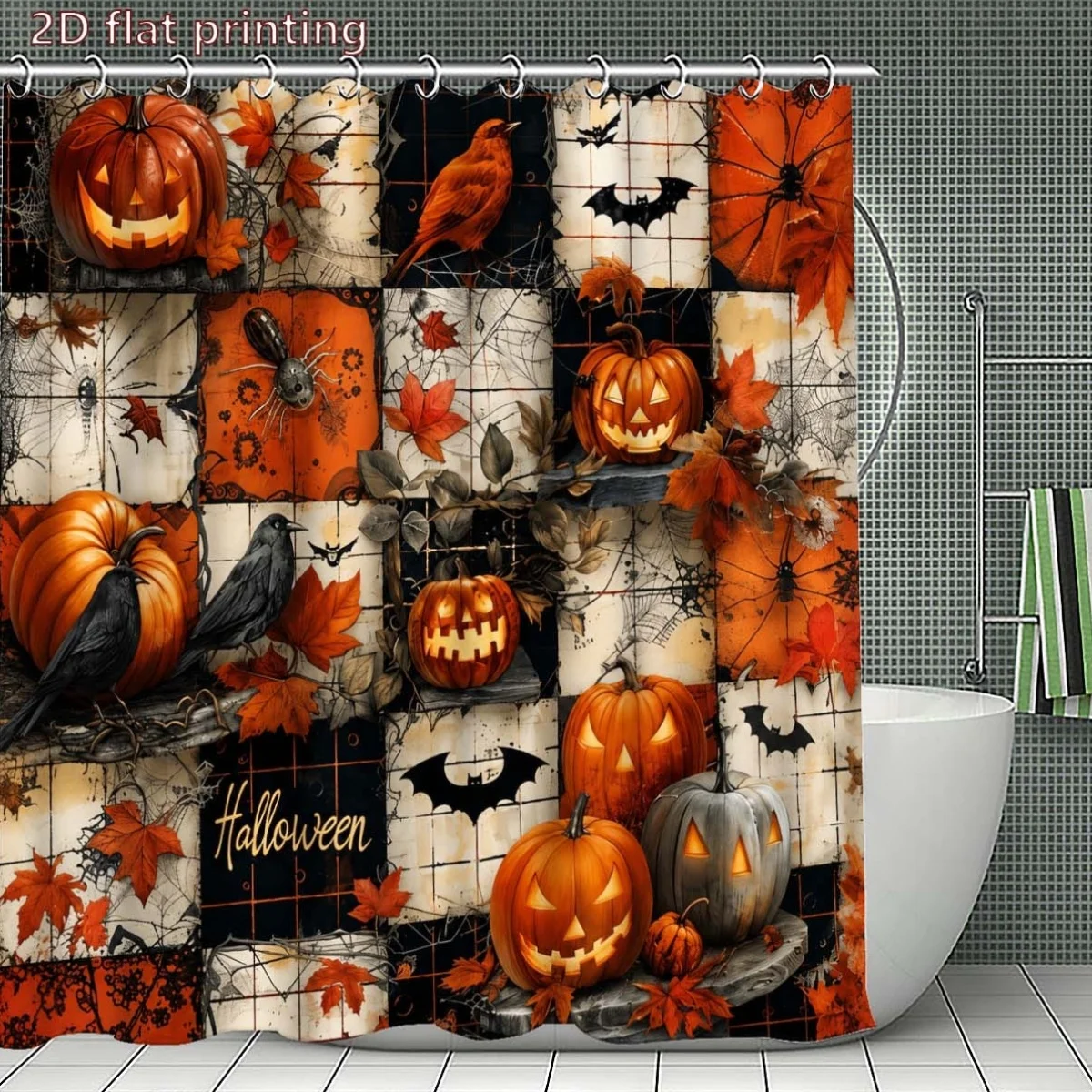 2D Flat, 2D Flat, (2D) 1pc, Halloween Pumpkin Lantern Shower Curtain, Orange Background Black Spider Web Bathroom Decor, Shower