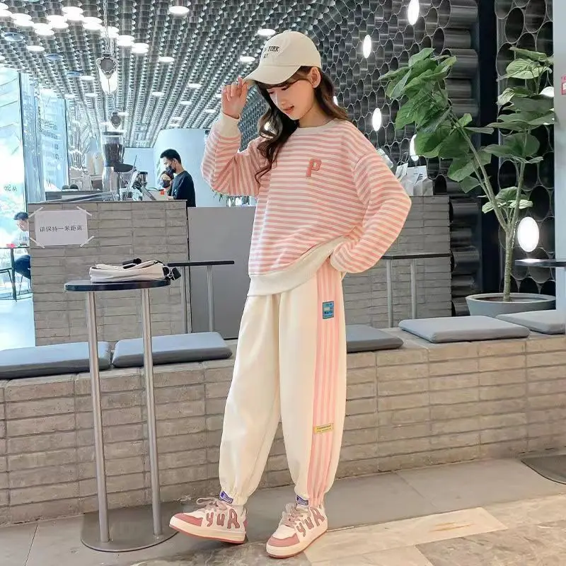 Teenage Girls Clothes Sets 2023 Autumn Long Sleeve Striped Loose Tops + Pants 2PCS Casual Children Clothing 6 8 10 12 14 Year