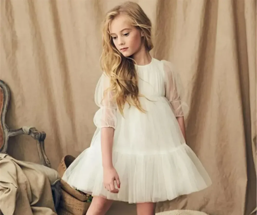 

Customized Lace Tulle Flower Girl Dresses For Wedding A-Line Puffy Simple Kids Formal Events Holiday Banquet Birthday Party Gown