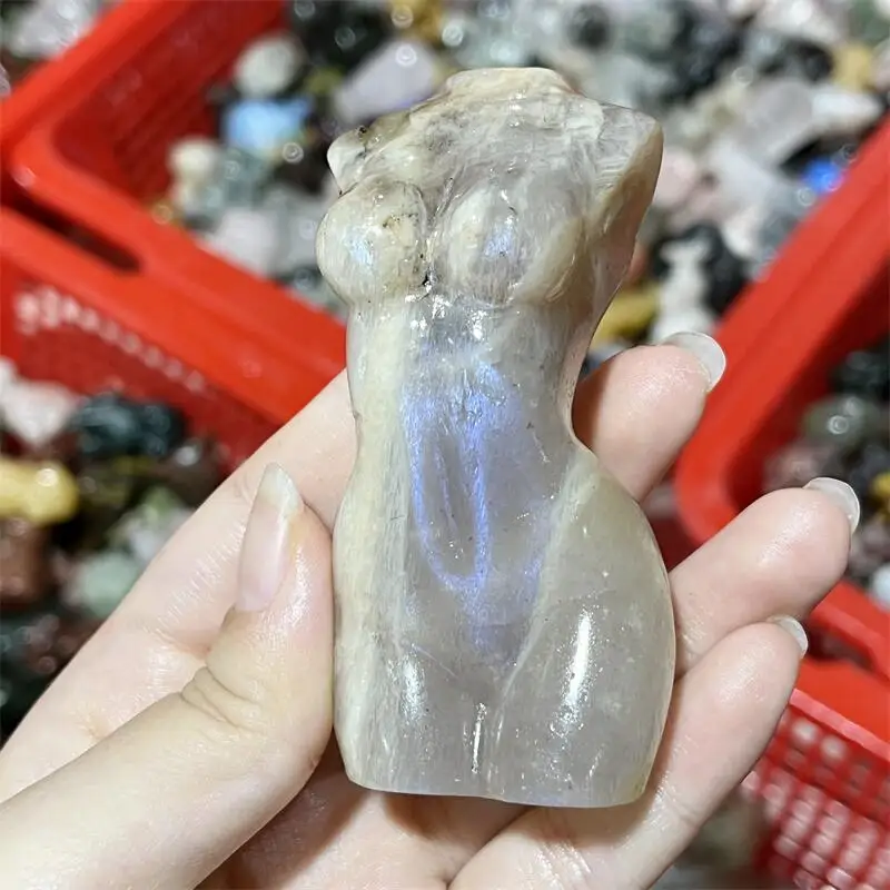 Natural Moon Stone Lady Body Carving Healing Crystal Quartz Decoration Spiritual Collection Gift 1PCS