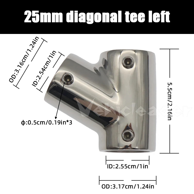 22mm/25mm Yacht 316 Stainless Steel Tee Boat Deck Handrail Railing Tee Bevel Joint Connector Universal Wear Resistant