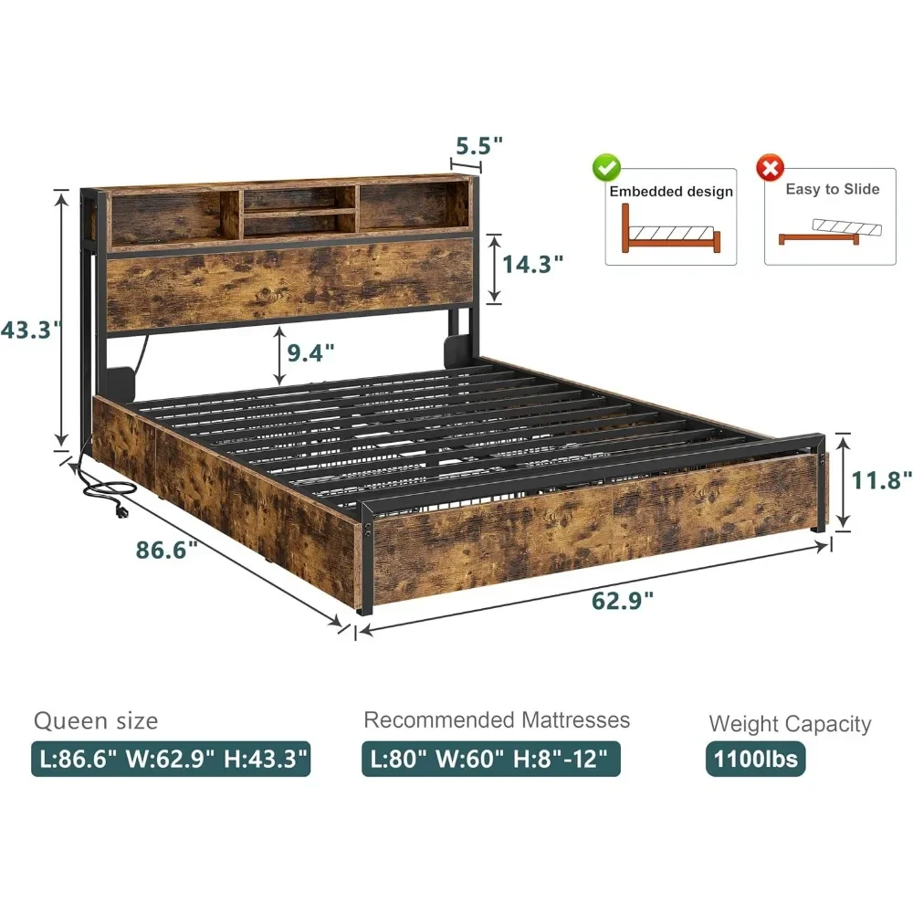 Bed Frame with 6 Storage Drawers w Headboard with Charging Station Queen Bed Frame with Storage No Noise,No Box Springs Needed