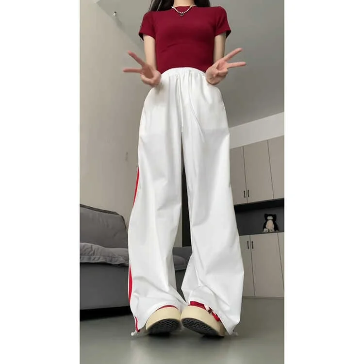 Nuevo 2025, pantalones blancos a rayas Qui Dry para mujer, pantalones finos de seda helada de verano, dos prendas de protección solar, pantalones de pierna ancha sueltos, pantalones coreanos Sle