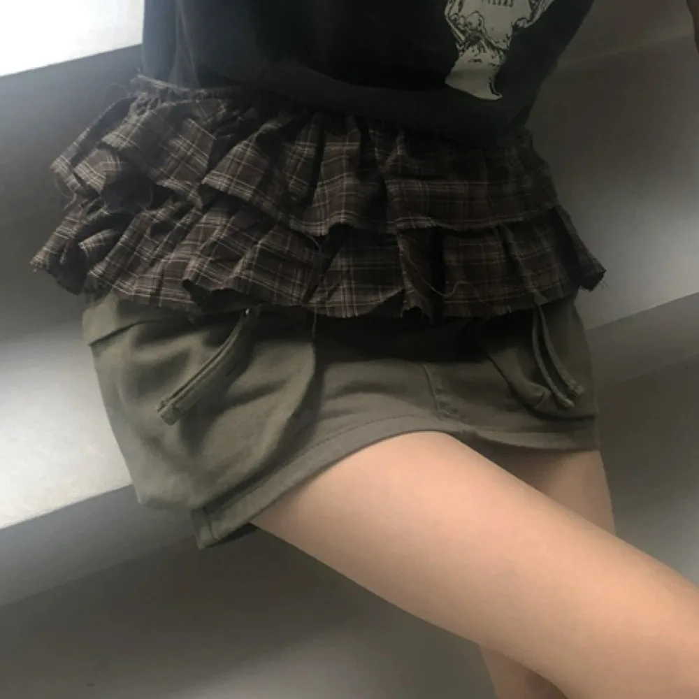 Hip-hop Layer Outfits Plaid Skirt Sweet Shirt Extender Lace Up Hip Scarf Y2K Korean Style Ruffled Edge Waistband