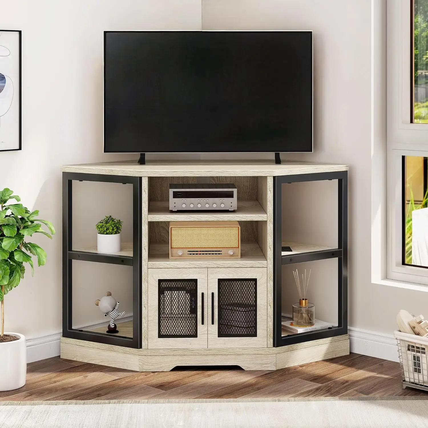 Corner TV Stand 55/50 Inch TV, Farmhouse TV Stand with Power Outlet, Entertainment Center with Storage, Wood TV Media Console