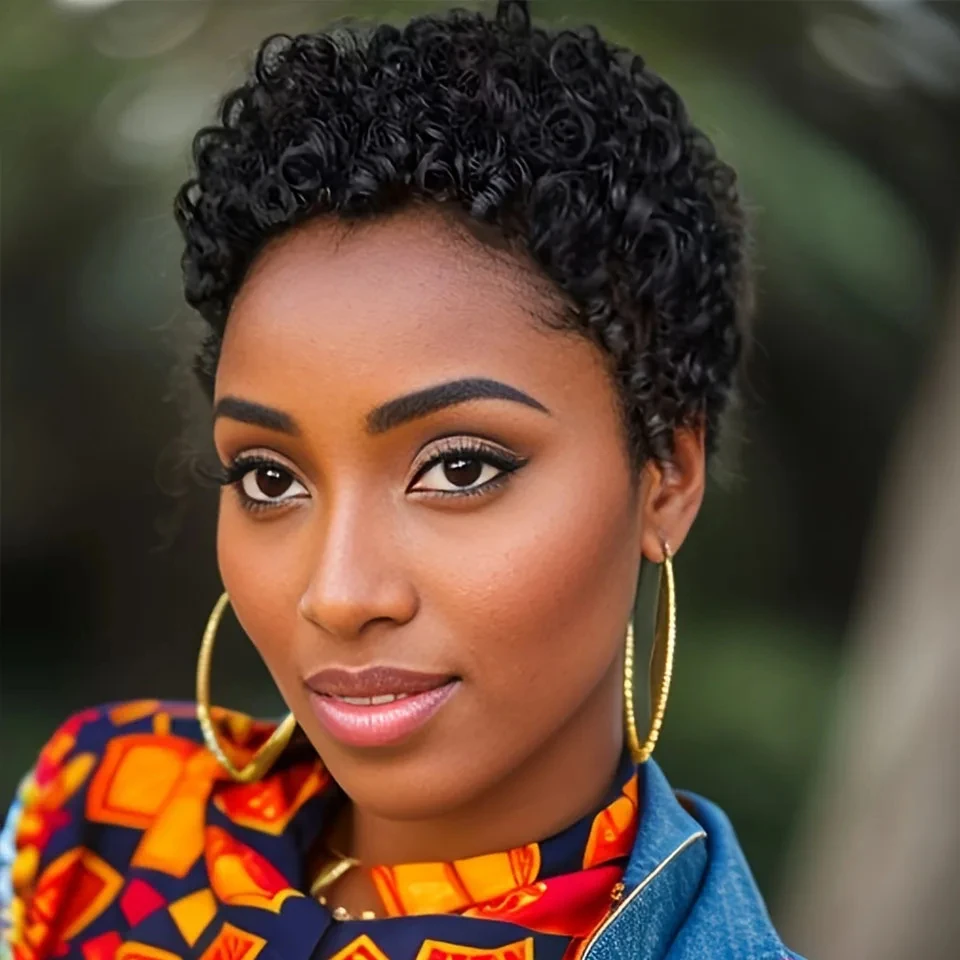 

Afro Kinky Curly Wig Human Hair for Women Short Fluffy Curly Wigs Human Hair Machine Made Pixie Cut Afro Wig for Black Women