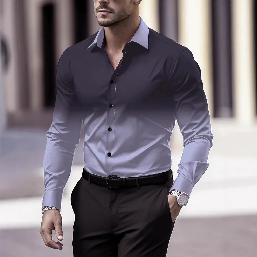 Men's Color Gradient Contrast Color 3D Printed Shirt Men's Lapel Long Sleeve Business Formal Clothing Casual Outdoor Vacation