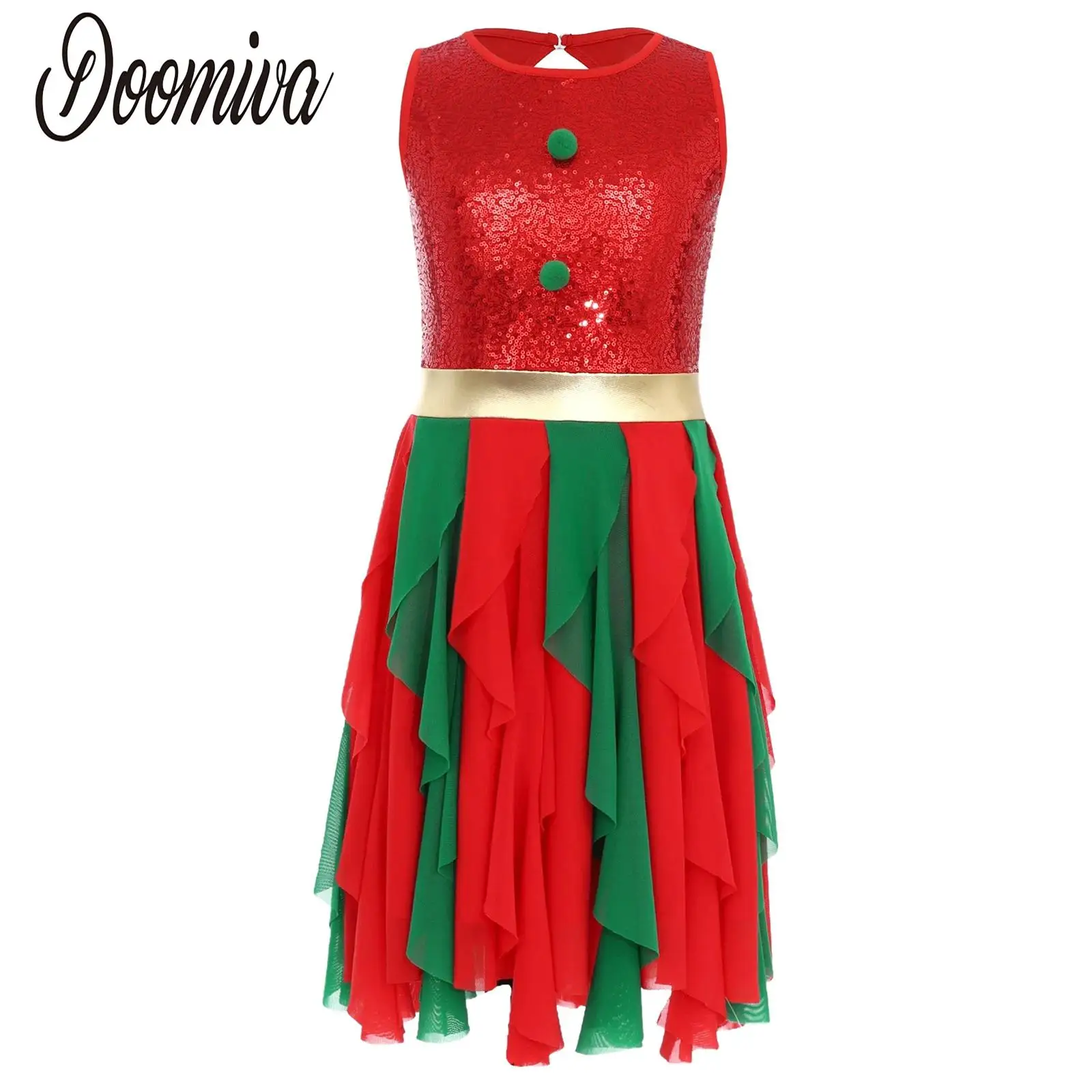 

Girls Christmas Party Elf Costumes Tutu Dance Ballet Gymnastics Dress Figure Skating Dancewear Sleeveless Sequin Tulle Dress