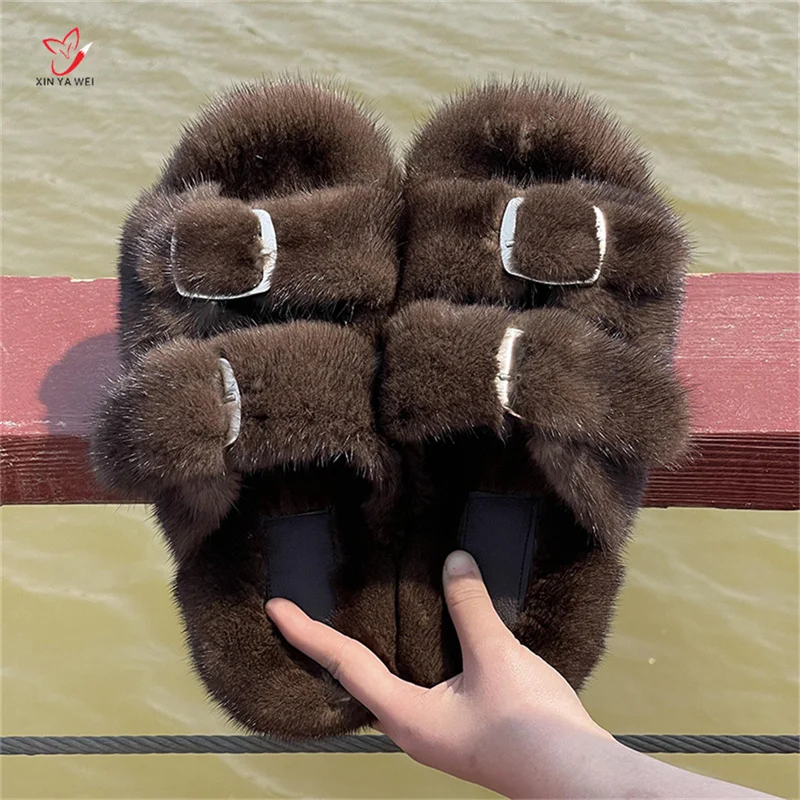 Mink Slippers European Stand Women\'s Real Mink Fur Slippers Fashion Ladies Furry Slippers Girls Flat Slippers Outside Shoes