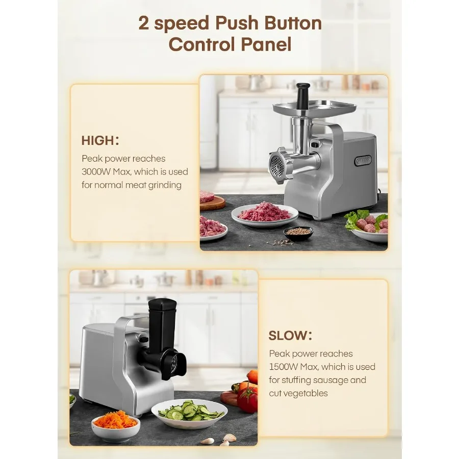 Heavy Duty 5-in-1 Electric Meat Mincer with Sausage Stuffer & Kubbe Kit, Meat Grinder 3000W Max,3 Stainless Steel Grinding Plates for Home Kitchen & Deer Processing (Silver)