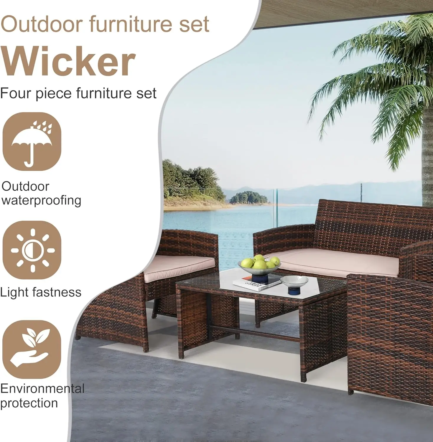 4 Pieces Outdoor Patio Furniture Sets Rattan Chair Patio Set Wicker Conversation Set Poolside Lawn  Outdoor Garden Furniture