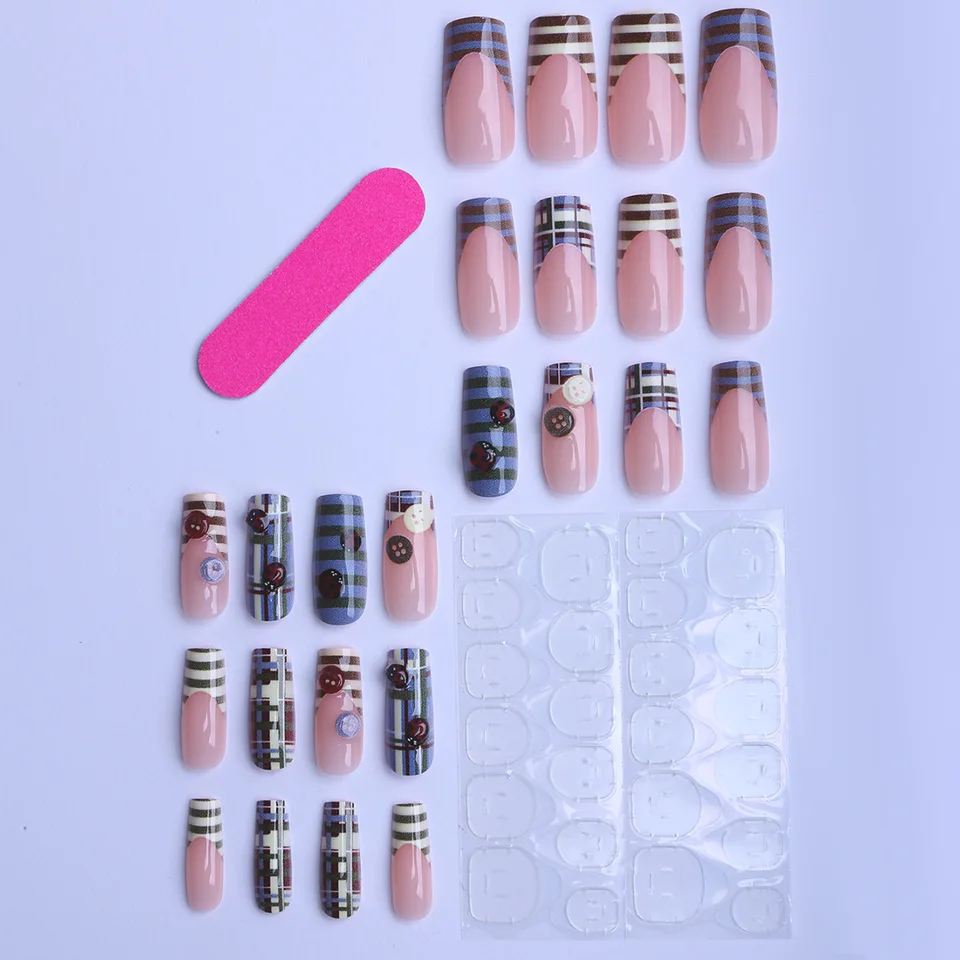 24 Piezas Uñas Postizas Vintage Estilo Francés con Rayas Diseño Mariquita Botones Ataúd Uñas Falsas Azul Marrón Cuadros 4