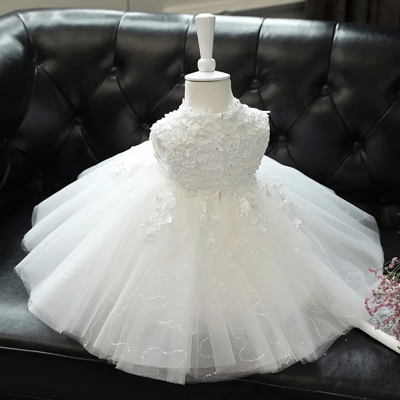 Children White Lace Tulle Dresses Evening Party Kids Sleeveless Ball Gowns 1st Birthday Baby Girl Princess Ceremonial Dress