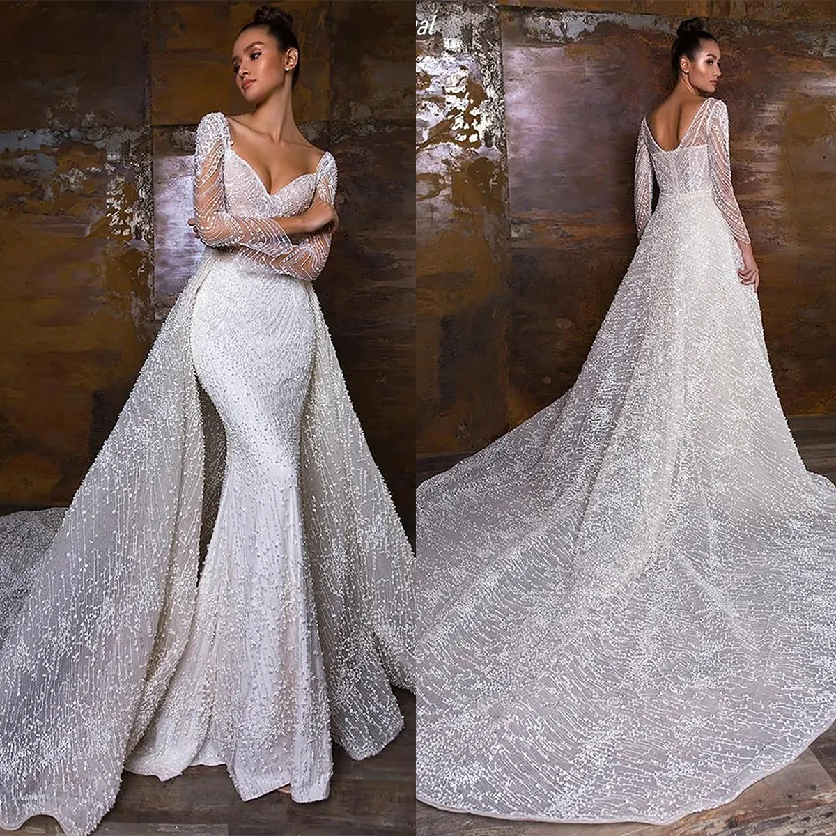 Elegante 3d-renda sereia vestidos de noite moda contas apliques com decote em v sexy manga longa fino ajuste vestidos de baile feitos sob encomenda