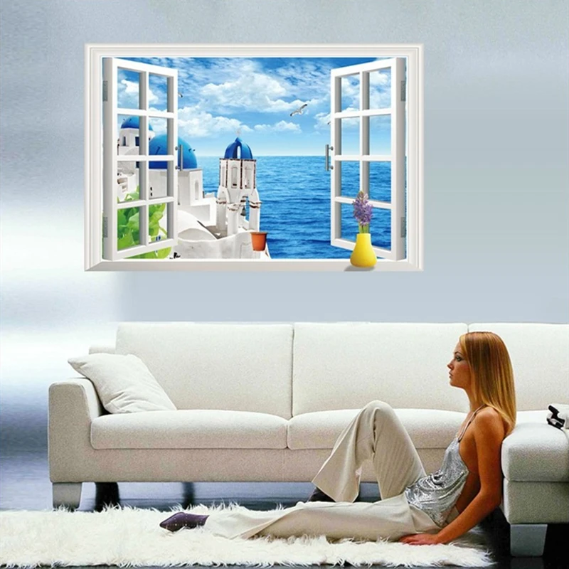 Aegean Sea View Mural Removable for Home Decoration Beautify Room Larger Window Art Greece Santorini Scenery Vinyl Wall Stickers