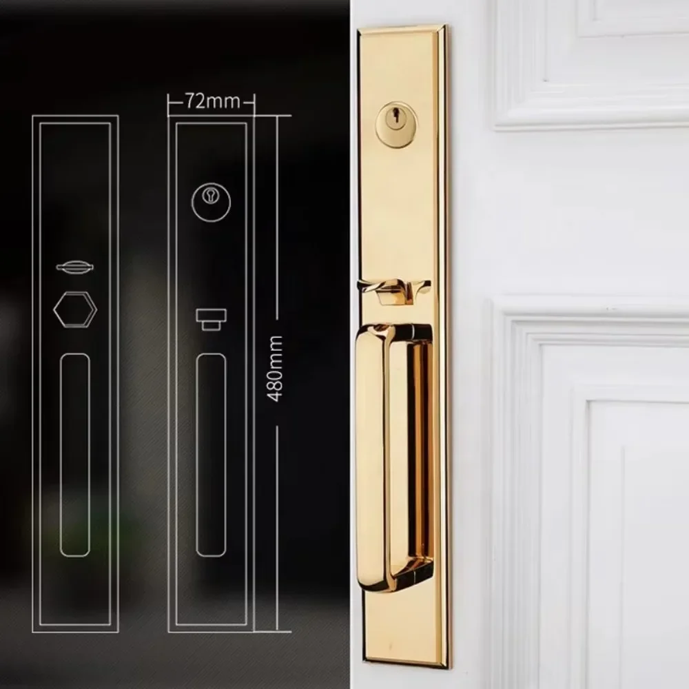 European style villa entrance hall 24k gold lock pure copper double pull safe solid wood door handle set