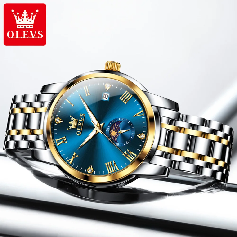 OLEVS 3656 Original Quartz Movement Business Men Watch Stainless Steel Moon Phase Window 30m Waterproof Luminous Function Watch