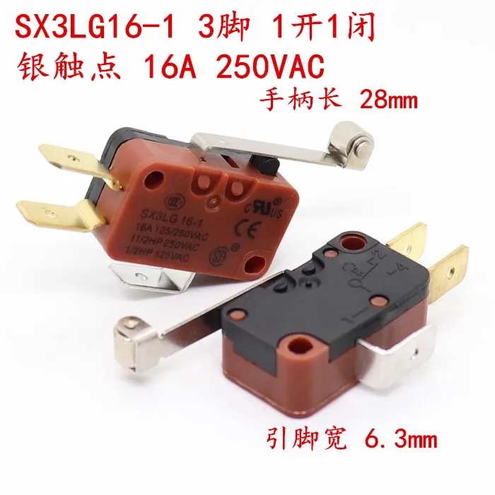 SX3LG16-1 Silver contact 3-pin travel limit microswitch with long wheel handle 1 open 1 closed 16A250VAC