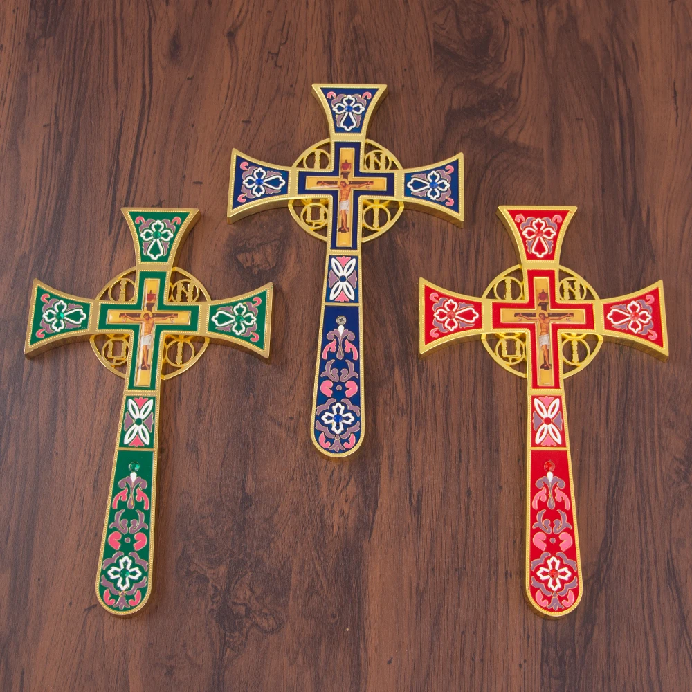 HTISOK Byzantine Style Orthodox Altar Cross Gold-Plated Enamel Standing Jesus Crucifix for Church Decoration Orthodox Cross