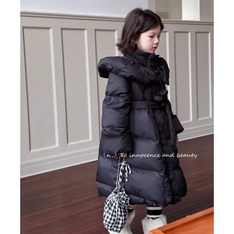 2025 New Korean Long Knee-length Padded Down Coat for Girls Elegant Solid Color Winter Jacket for Kids Ages 5-16Y