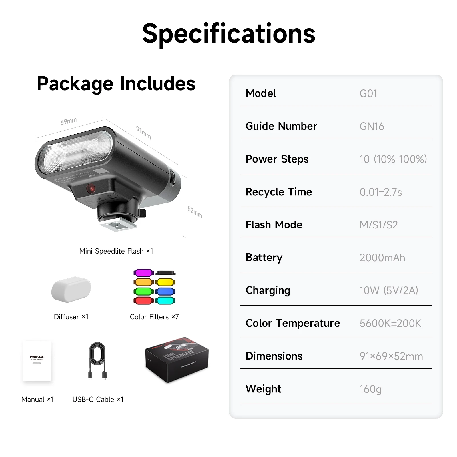 PHOTOOLEX G01 Mini Speedlight 700 Flashes 5600K for Canon Sony