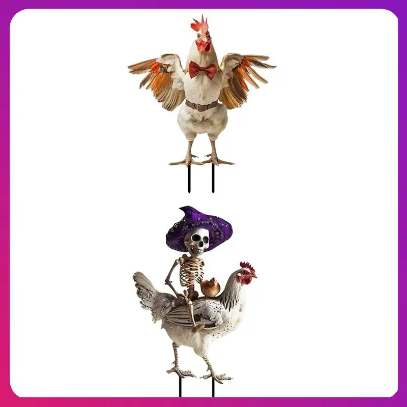 

ABKL-2PCS Halloween Metal Yard Decoration Skeleton Riding Rooster Metal Yard Sign Imitation Halloween Ornament