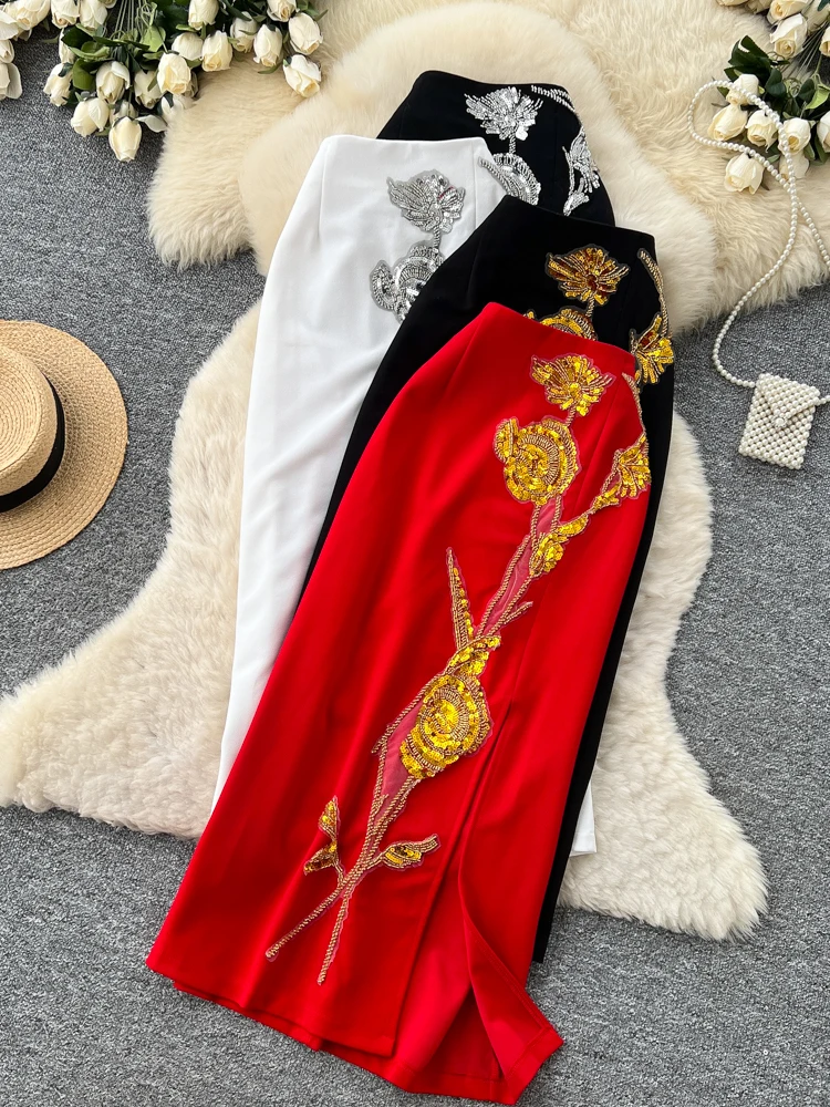 

Юбка миди А-силуэта в корейском стиле с объемной цветочной вышивкой, женская, элегантная, с завышенной талией, стройнящая, универсальная, для повседневной носки