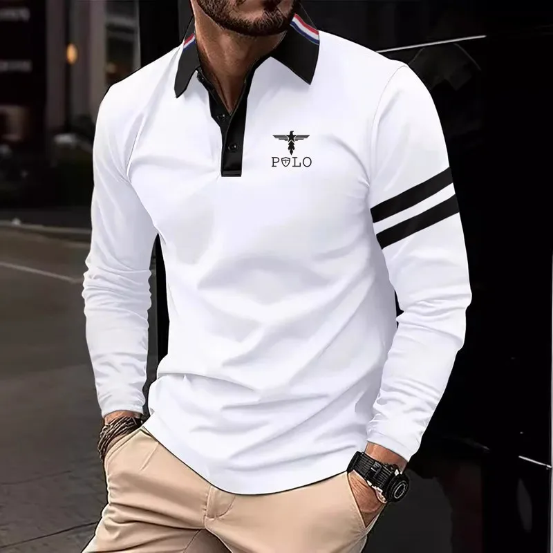 Autumn men's long sleeved shirt with fashionable printed long sleeved polo shirt