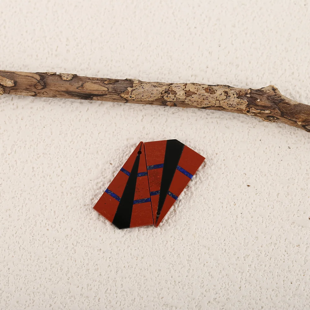Handmade Jewelry Natural Stone Obsidian Red River Jasper Lapis Lazuli Intarsia Earring Bead 24x16x1mm 2.9g
