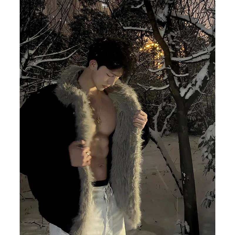 

Thiened Warm Cotton Jaet Men's Winter Design Bla Fur Inteated Fce Lined Outerwear Youth Faion Casual Coat