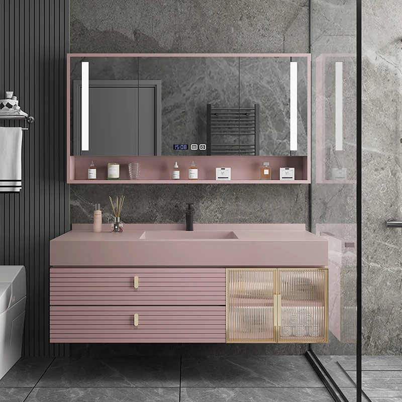 

Modern rock slab integrated basin Solid wood bathroom cabinet Smart bathroom washstand Washbasin basin custom pink