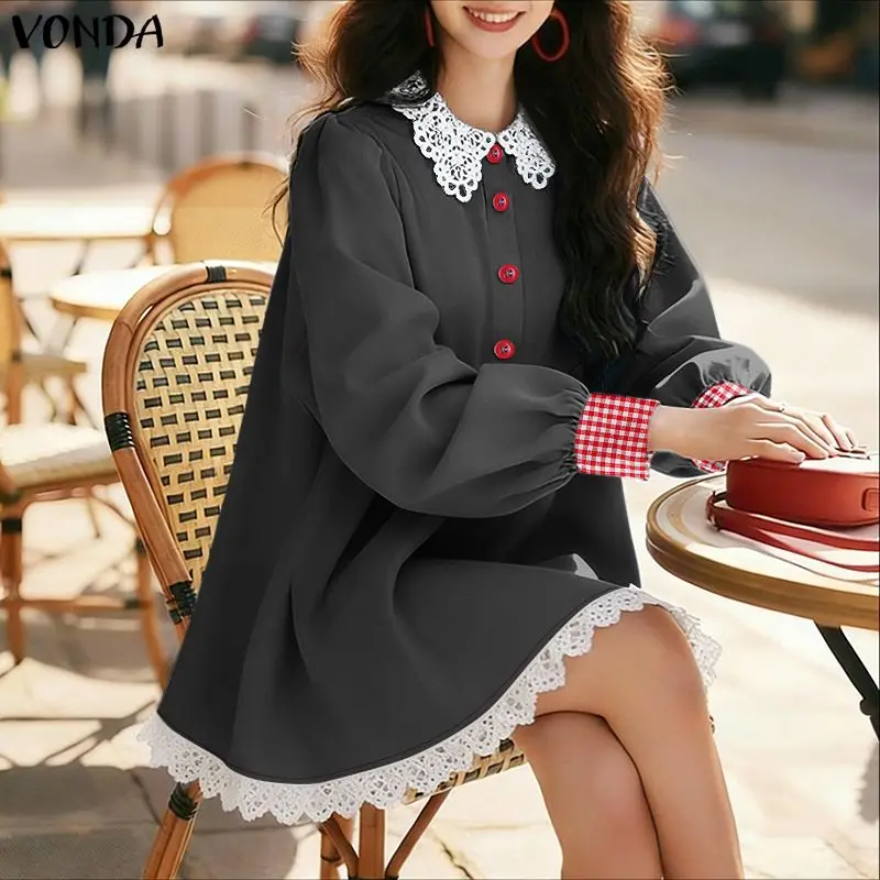 Plus Size 5XL VONDA Elegante Mini-jurken met lange mouwen Damesmode Patchwork Plaid Zonnejurk Zomer Kant Kantoor Korte vestidos