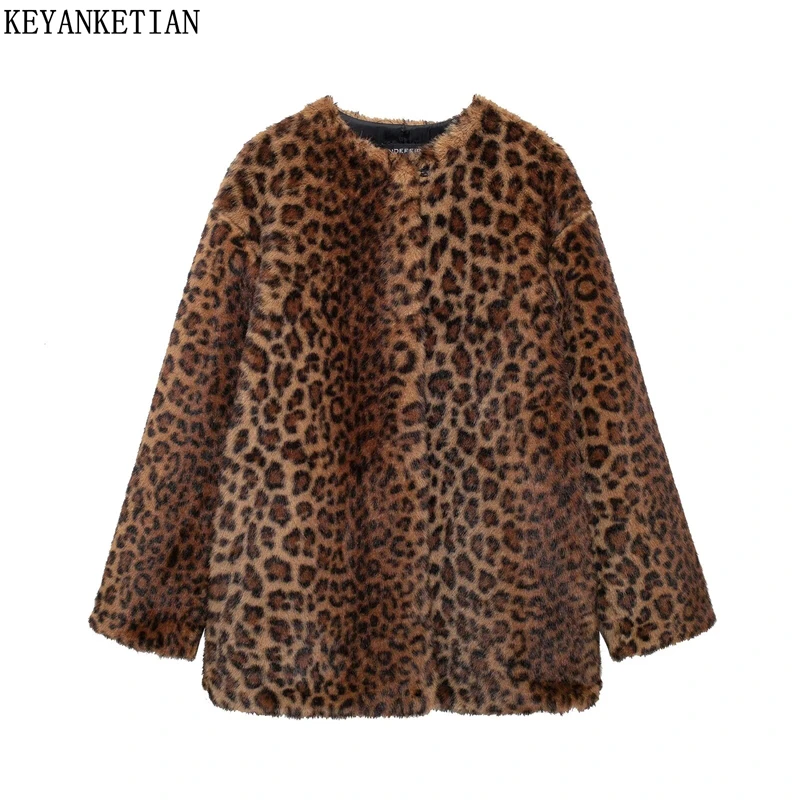 KEYANKETIAN Autumn/Winter New Women's Leopard print faux fur coat Retro style Covered Button Loose Thick Warm Greatcoat Blazer