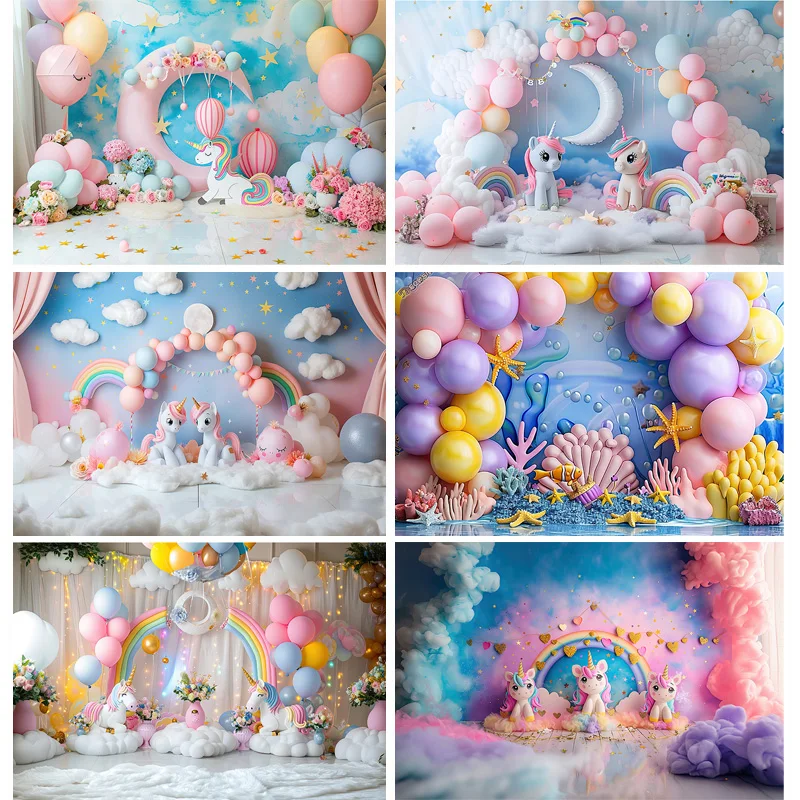 

Rainbows Birthday Party Photography Backdrops Props Unicorn Colorful Balloons Arch Newborn Baby Photo Background Props DF-06