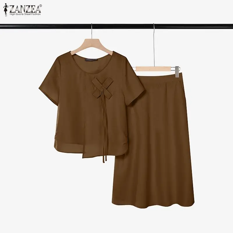 ZANZEA 2026 Sommer-Outfits Elegante Damen 2-teilige Sets O-Ausschnitt Kurzarm-Bluse Kleid-Sets Einfarbig A-Linie OL Arbeitskleidung Midi-Rock Anzug