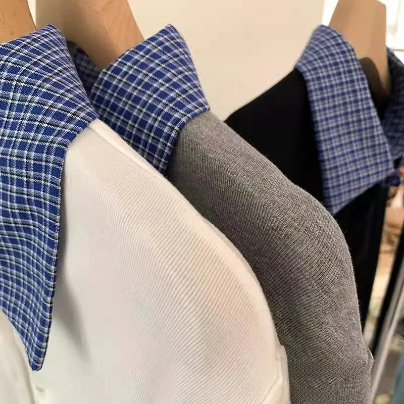 Slim Fit Long Sve  Collar Knitted irt Women's Single Button Splice Design Casual Sle Inner Wear Base Top Spring Au...